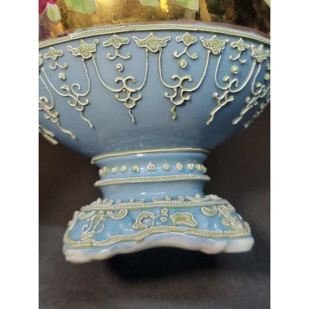 Antique Nippon Moriage Early Hand Painted Twisted Handle Floral Vase